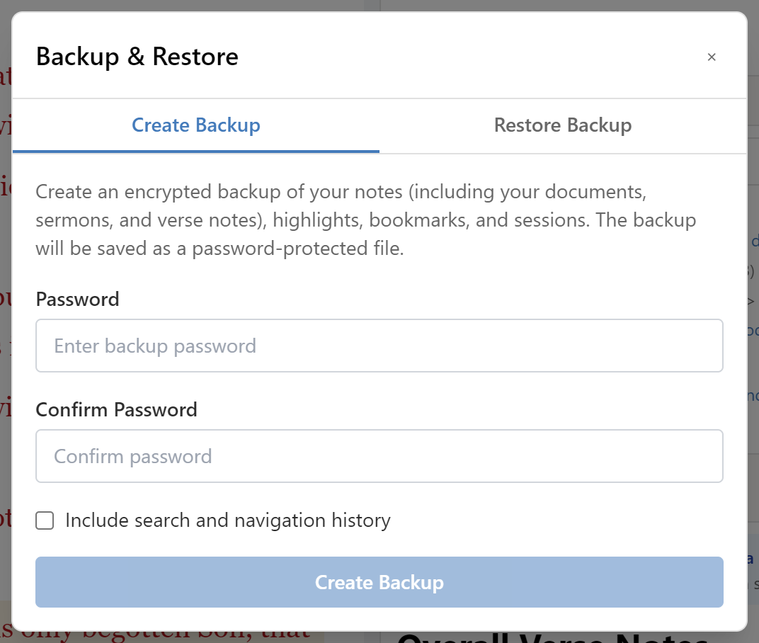The backup dialog, asking for the password that will encrypt the file