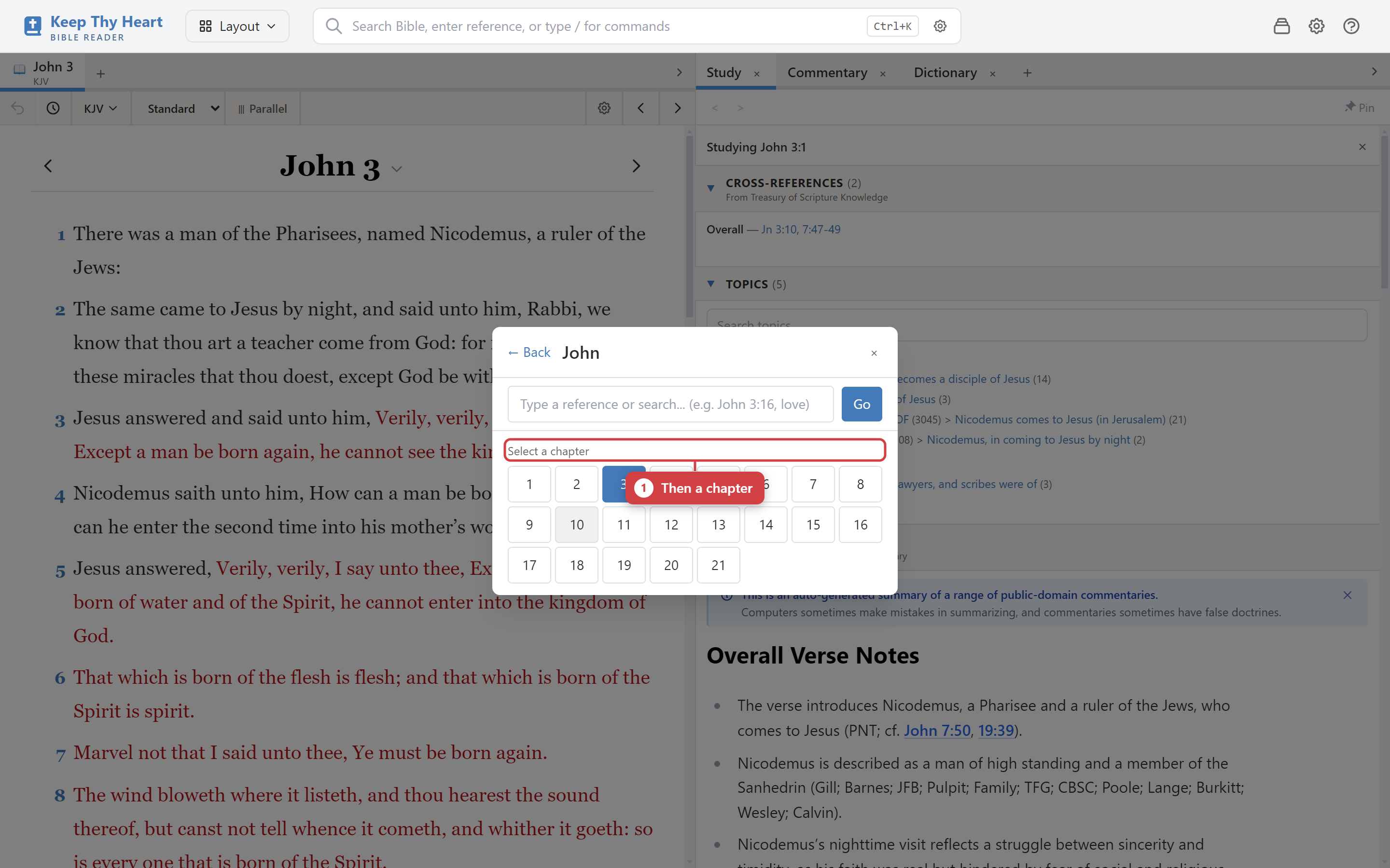 The book and chapter picker open, showing the book list and chapter grid
