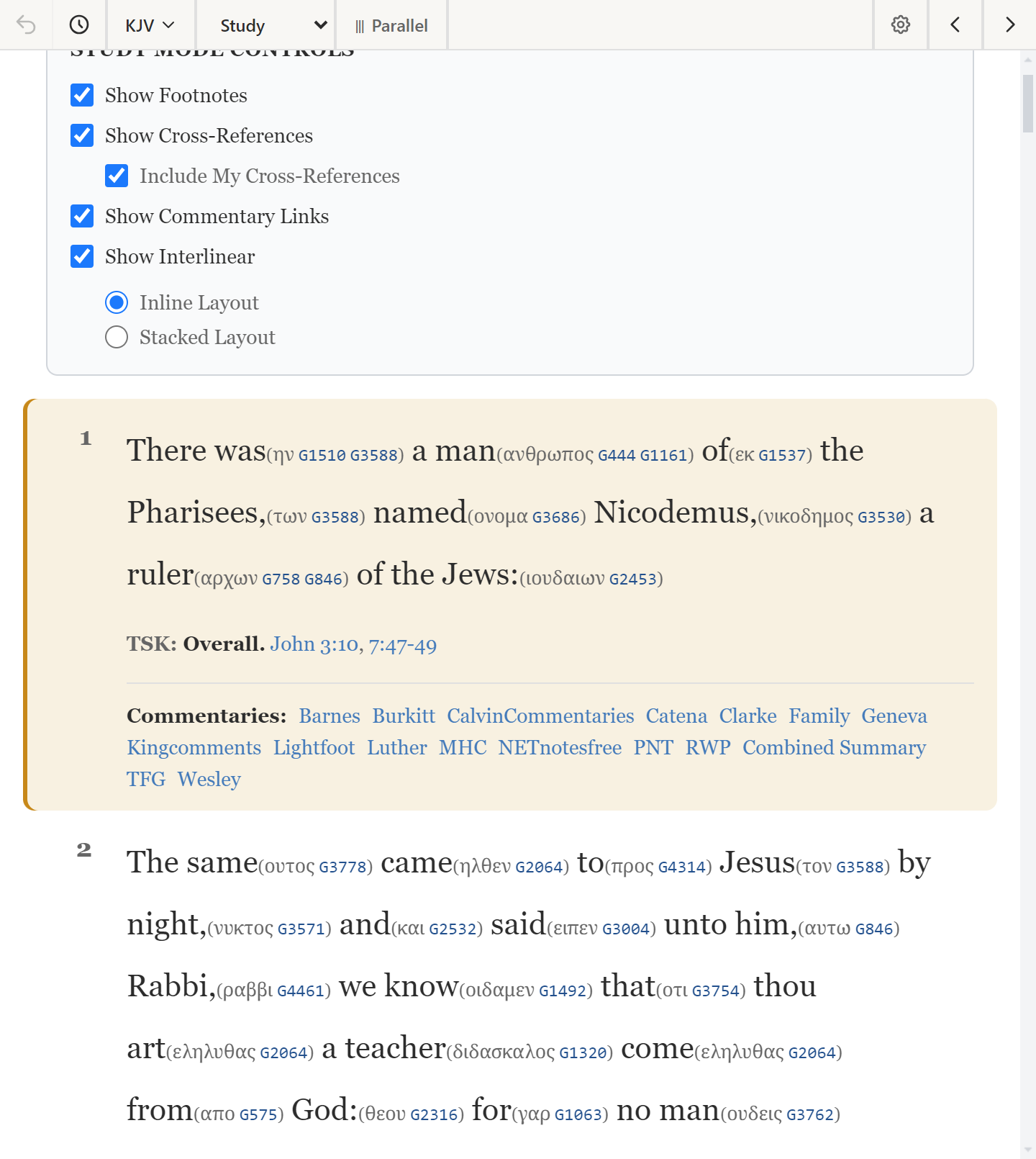 The same passage in Study mode, showing the interlinear stack under each word
