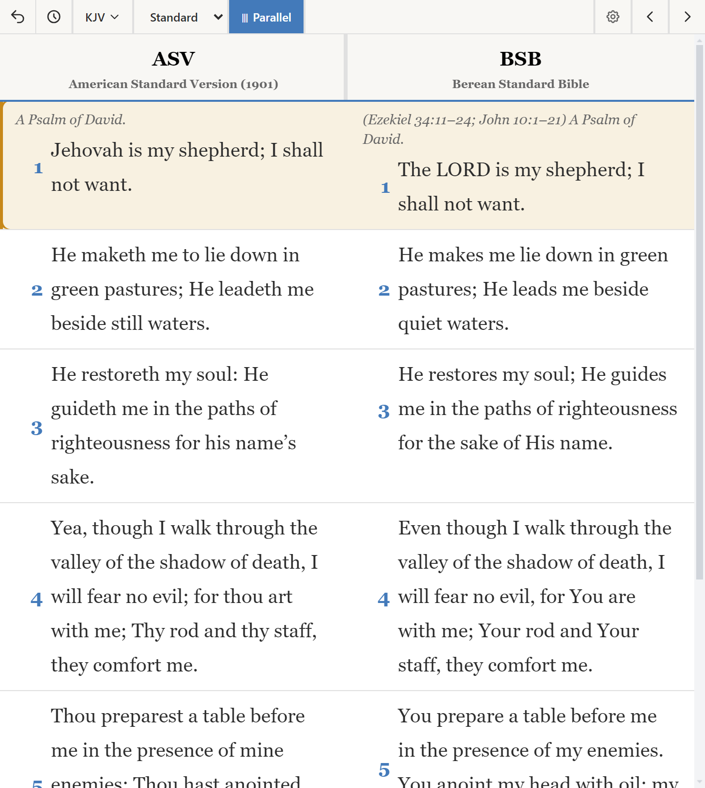 Parallel view with two translations in columns against the same verses