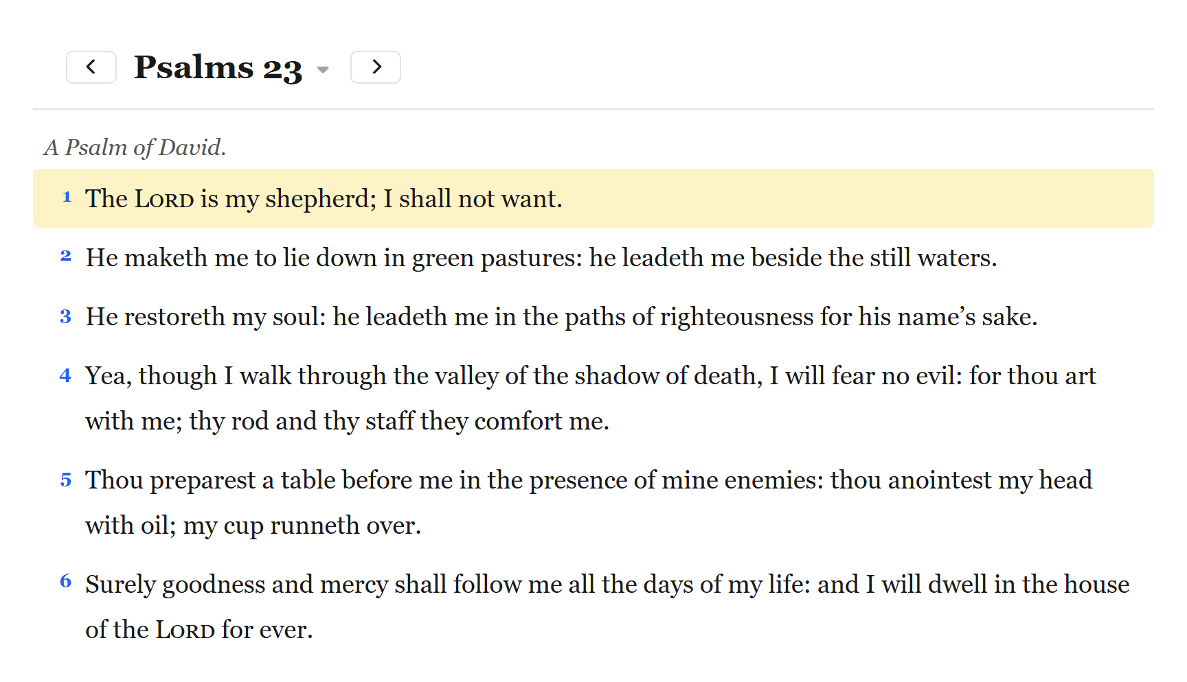 The reading area in Standard mode showing Psalm 23 in the KJV