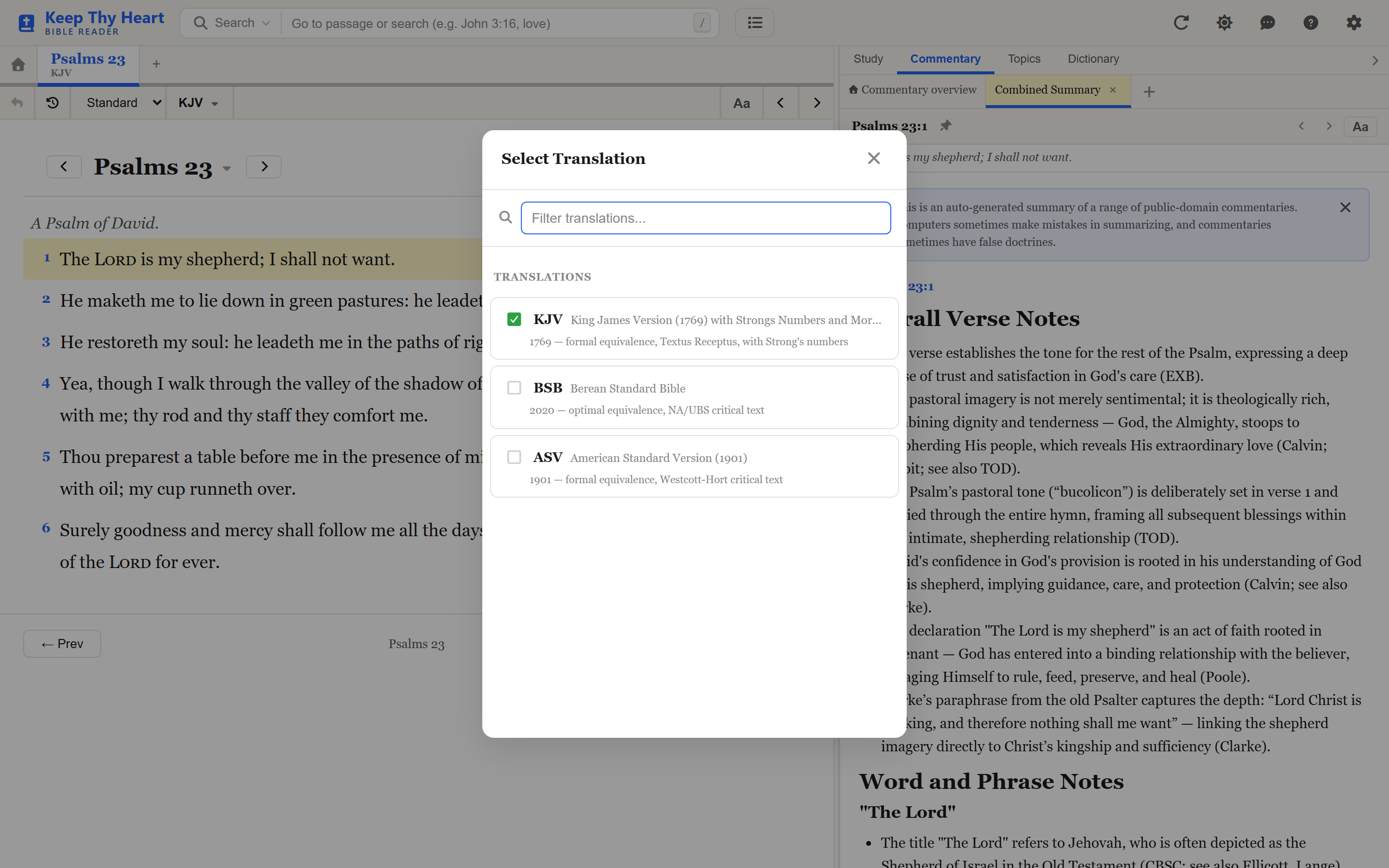 The Select Translation dialog open with the filter box and grouped list