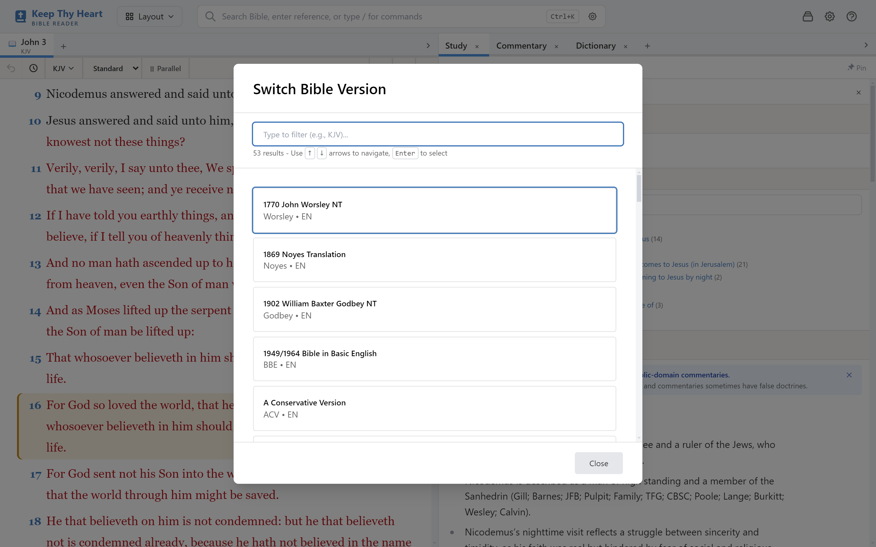 The translation selector open, with its filter box and the installed translations