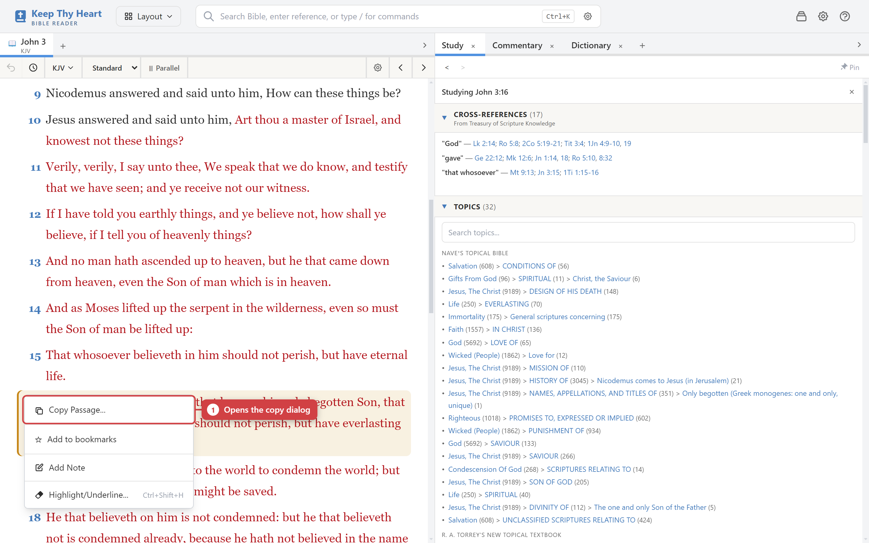 The verse context menu, with Copy Passage… among its actions