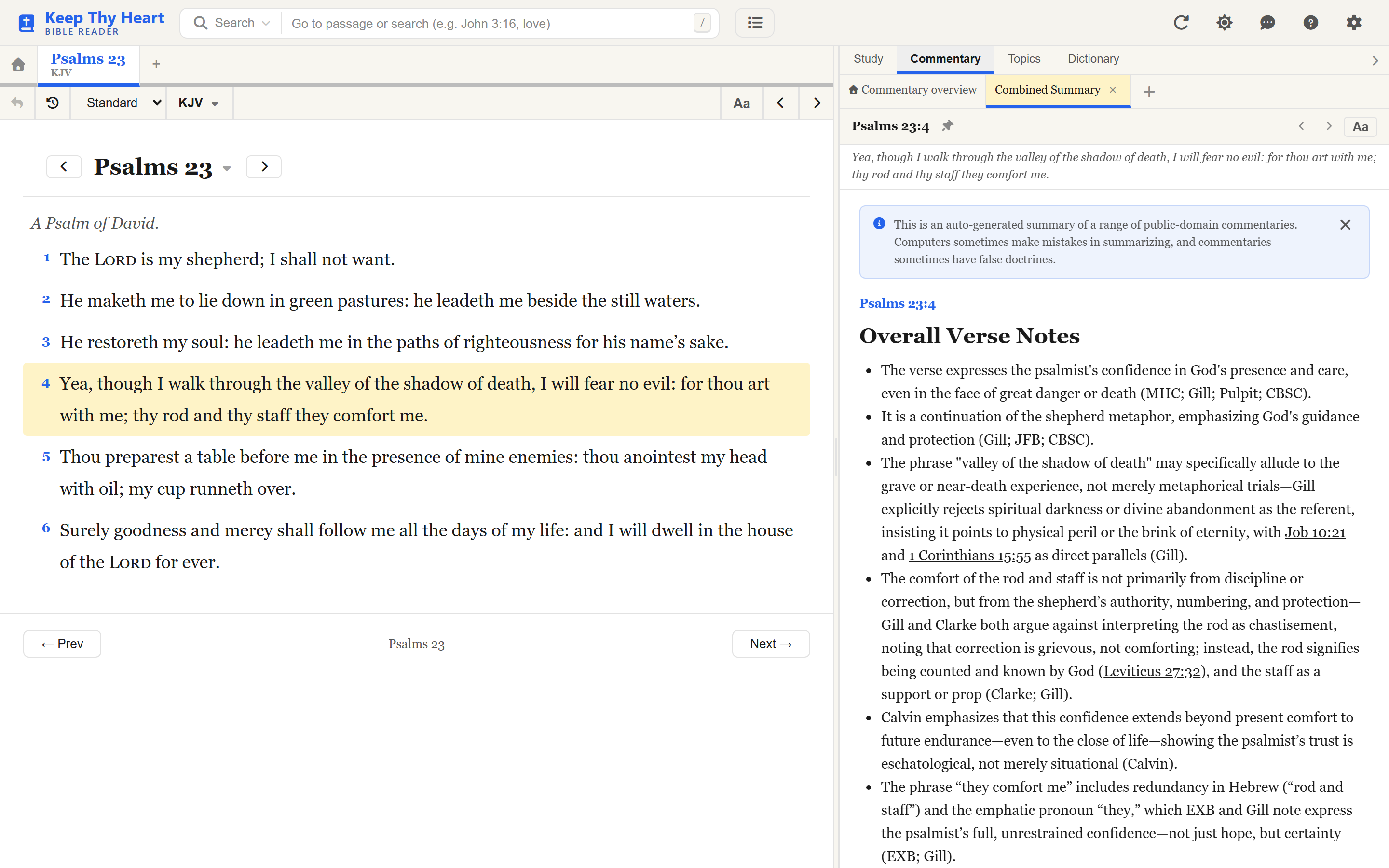 The full app in desktop layout: Bible text on the left, study and commentary panels on the right, header visible