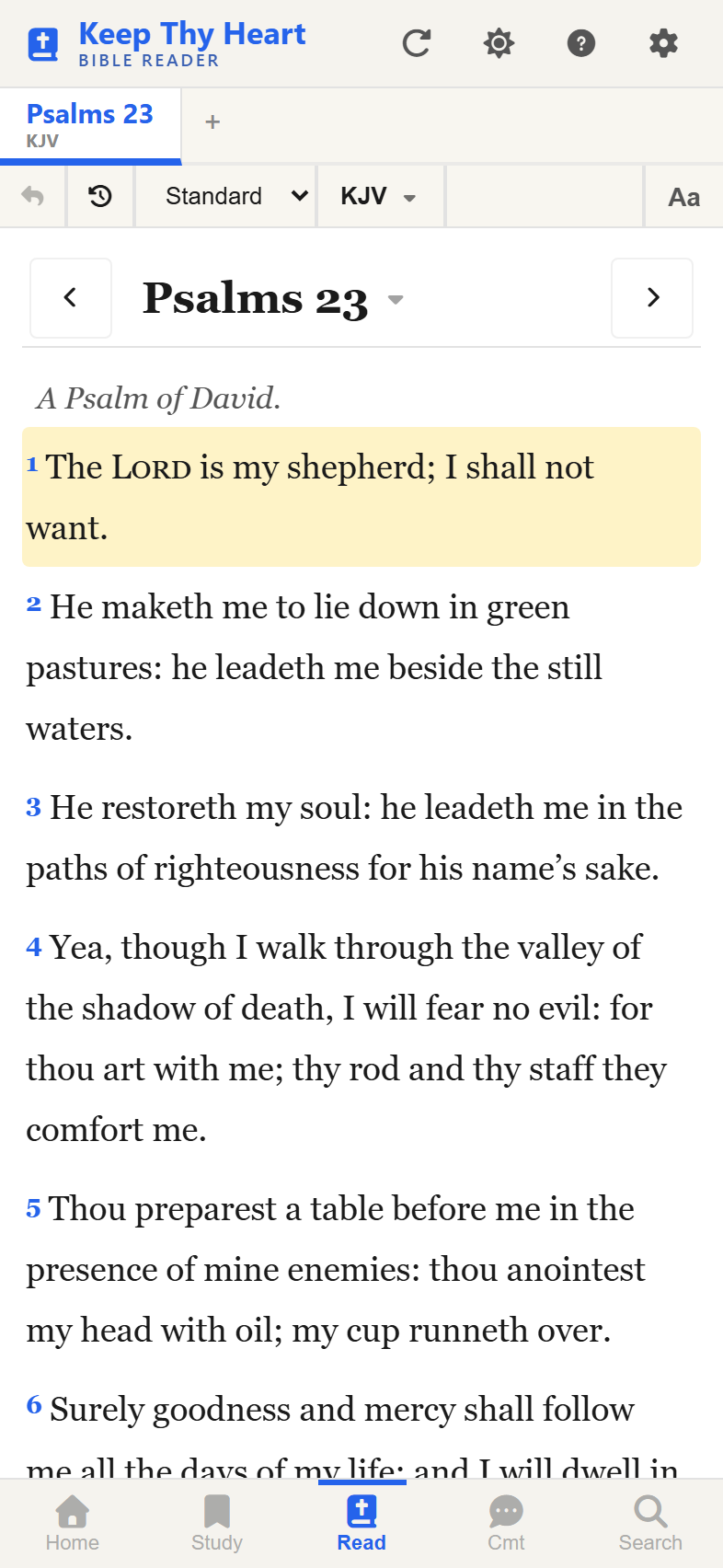 The app on a phone screen, Bible text with the bottom navigation bar