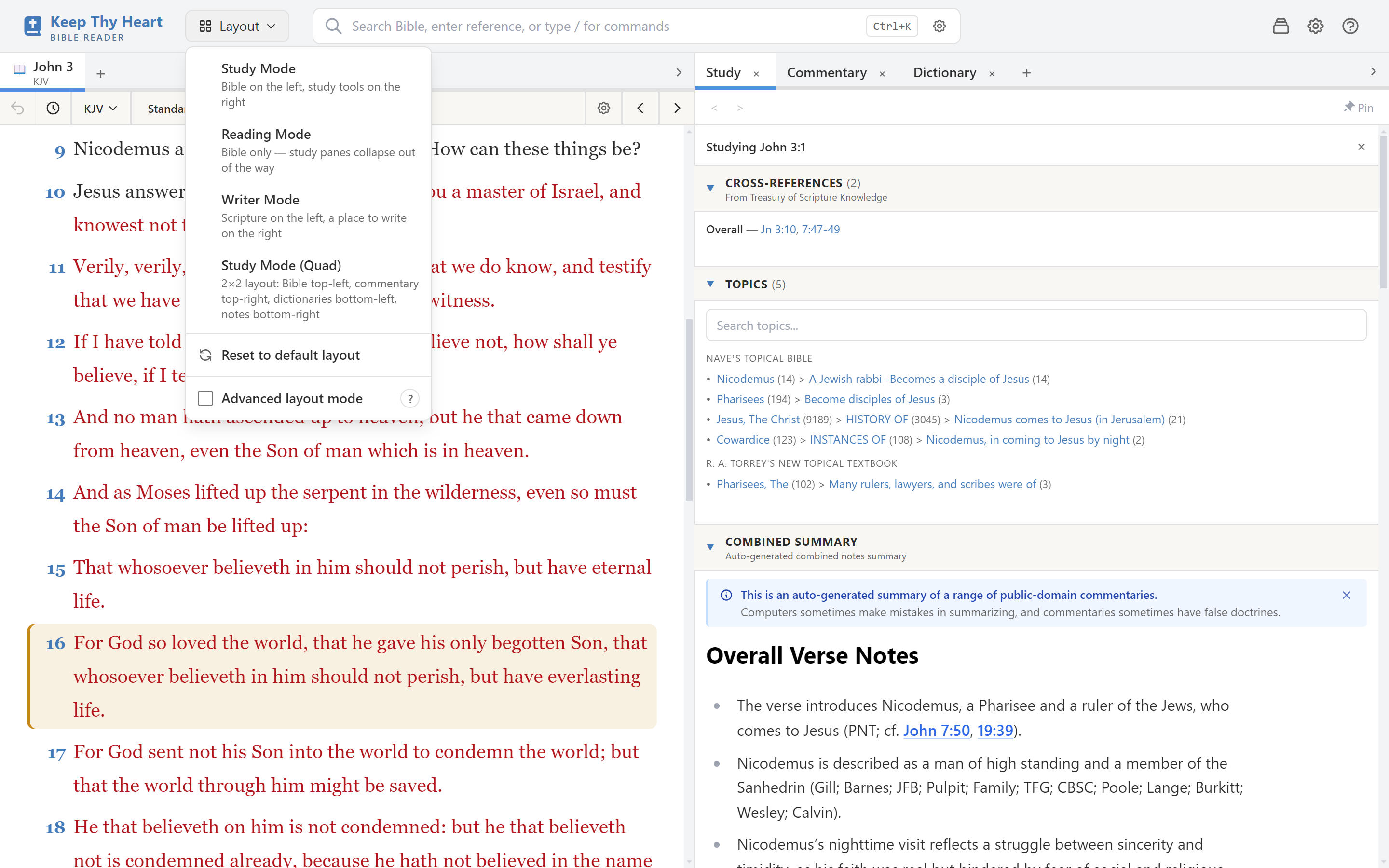 The Layout dropdown open, showing each preset with its description