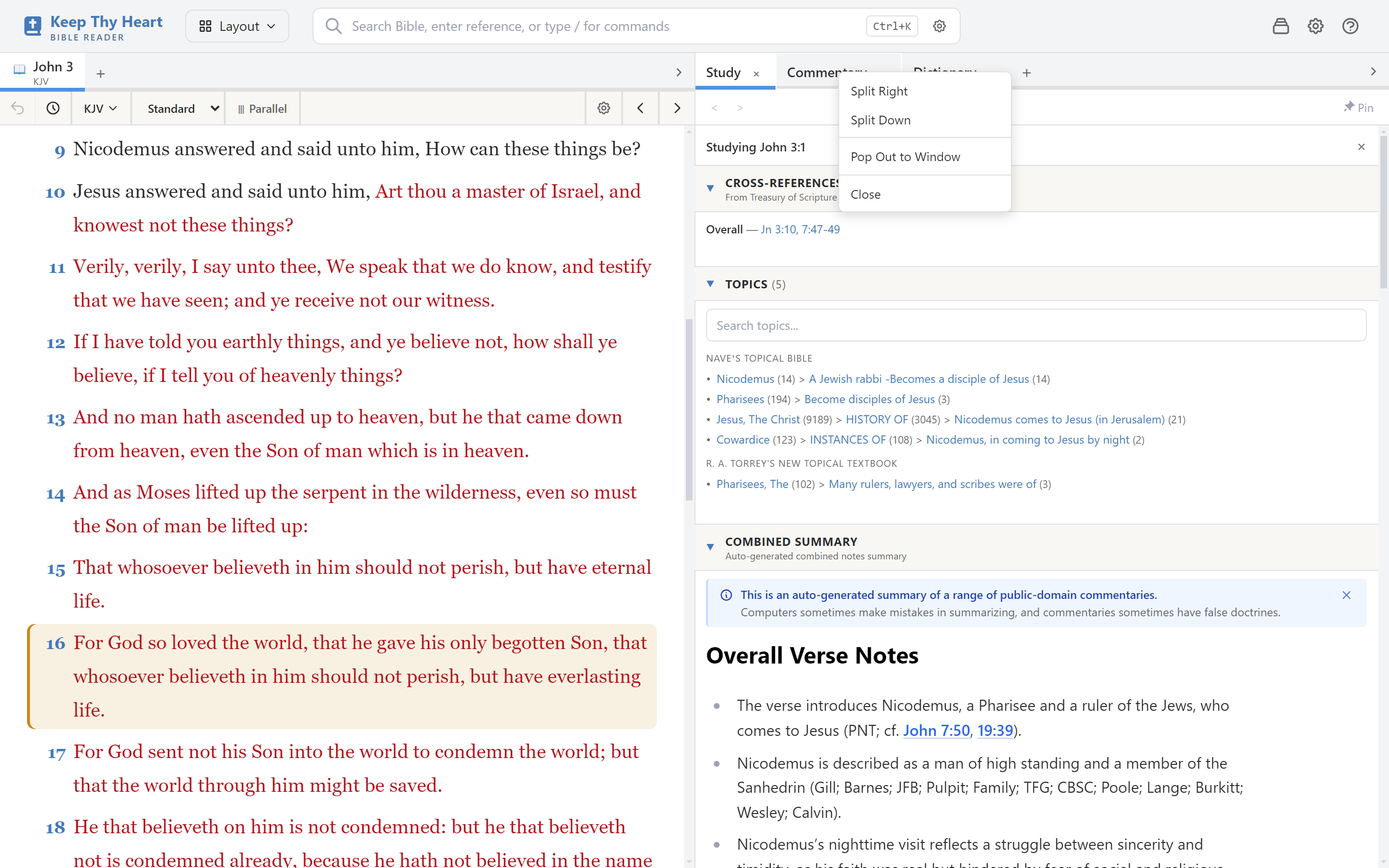A pane’s options menu, offering Split Right, Split Down, and Pop Out to Window