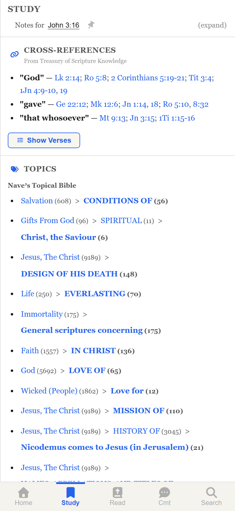 The mobile Study screen showing the cross-references and topics sections