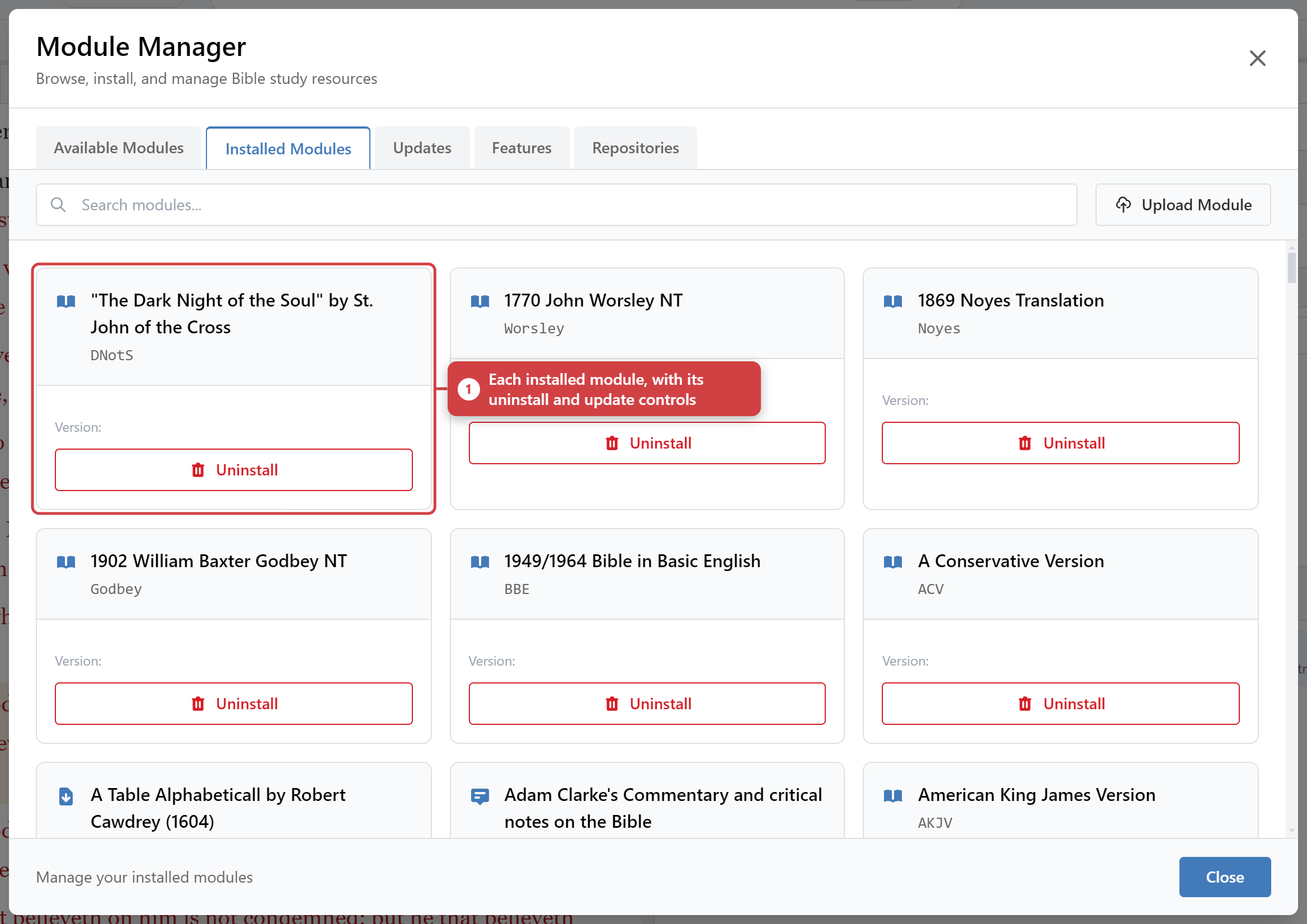 The Installed tab, listing modules with their Uninstall and update controls