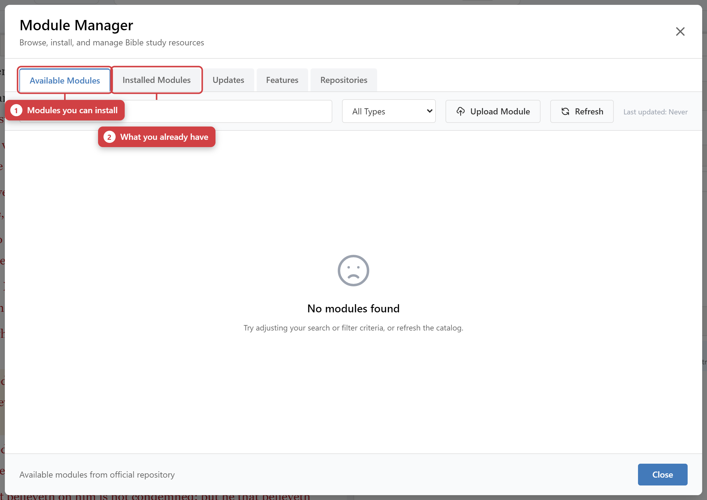 The Module Manager open on the Available tab