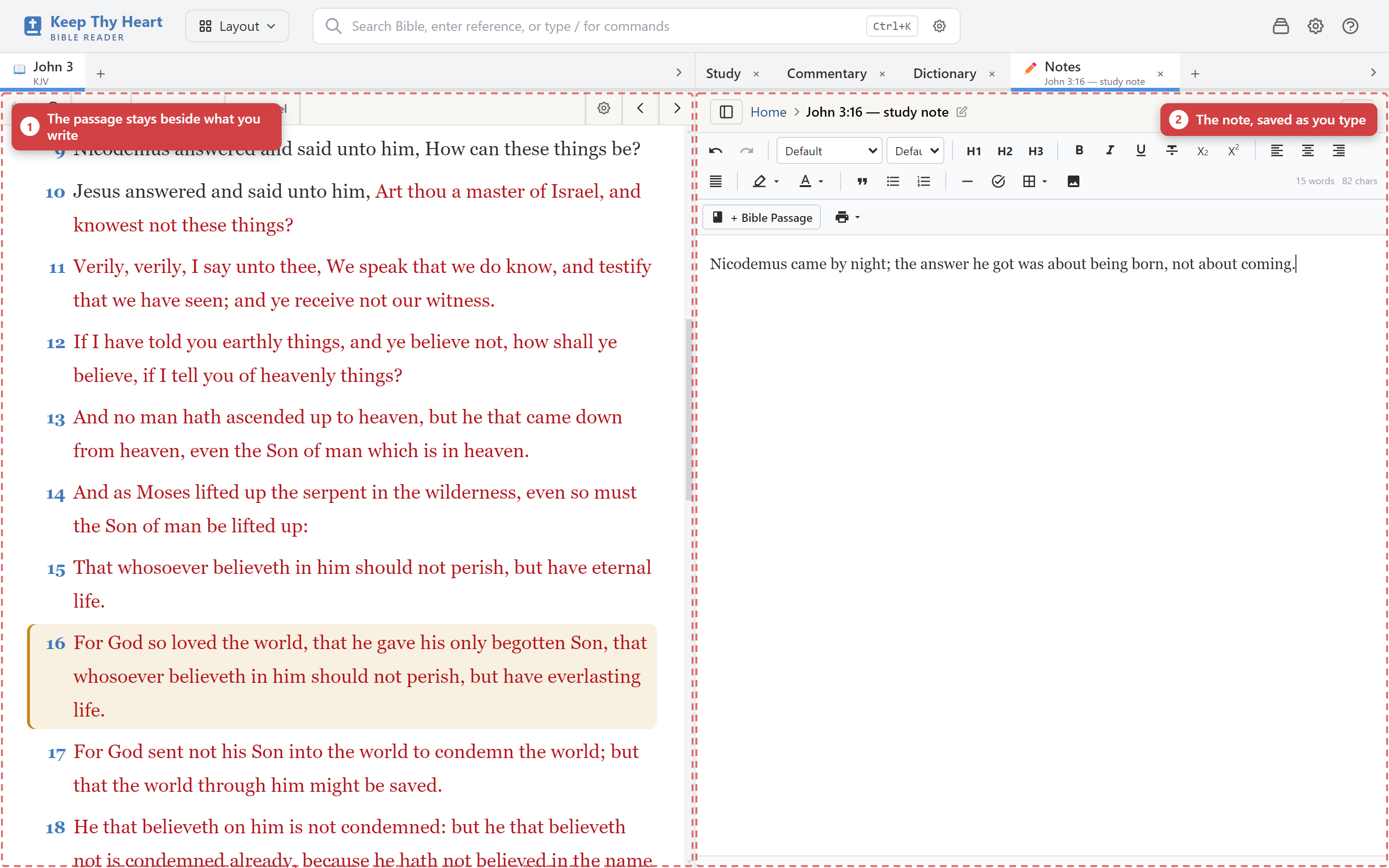 A verse note open in the Notes pane beside the Bible text