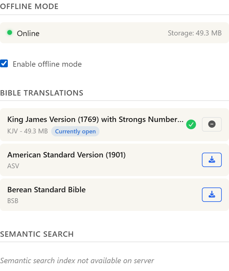 The Offline tab in Settings showing the status dot, the enable toggle, and the translation cards