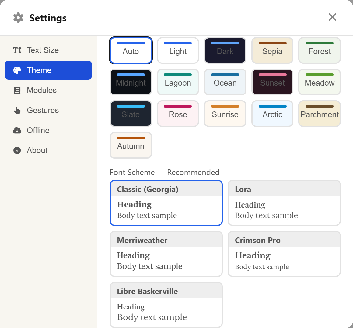 The font scheme cards on the Theme tab, grouped into Recommended and Other