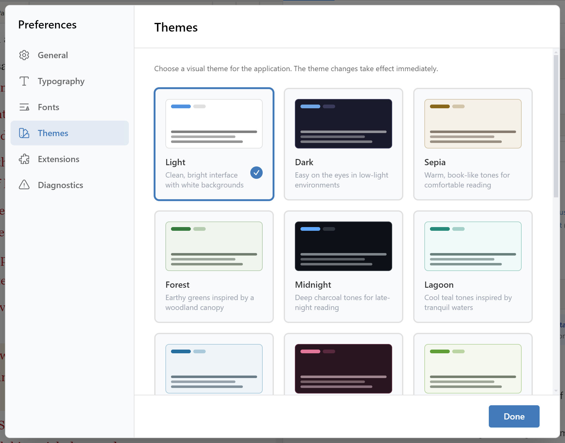 The Preferences dialog open on its Themes section
