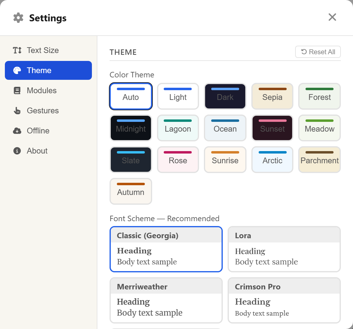 The settings panel open on the Theme tab, showing the colour theme grid