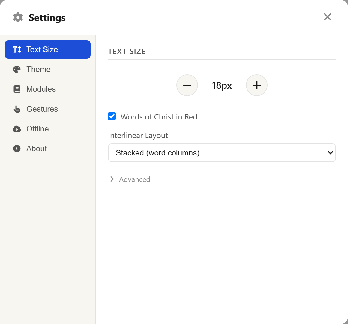 The Text Size tab with the plus/minus control and the advanced sliders