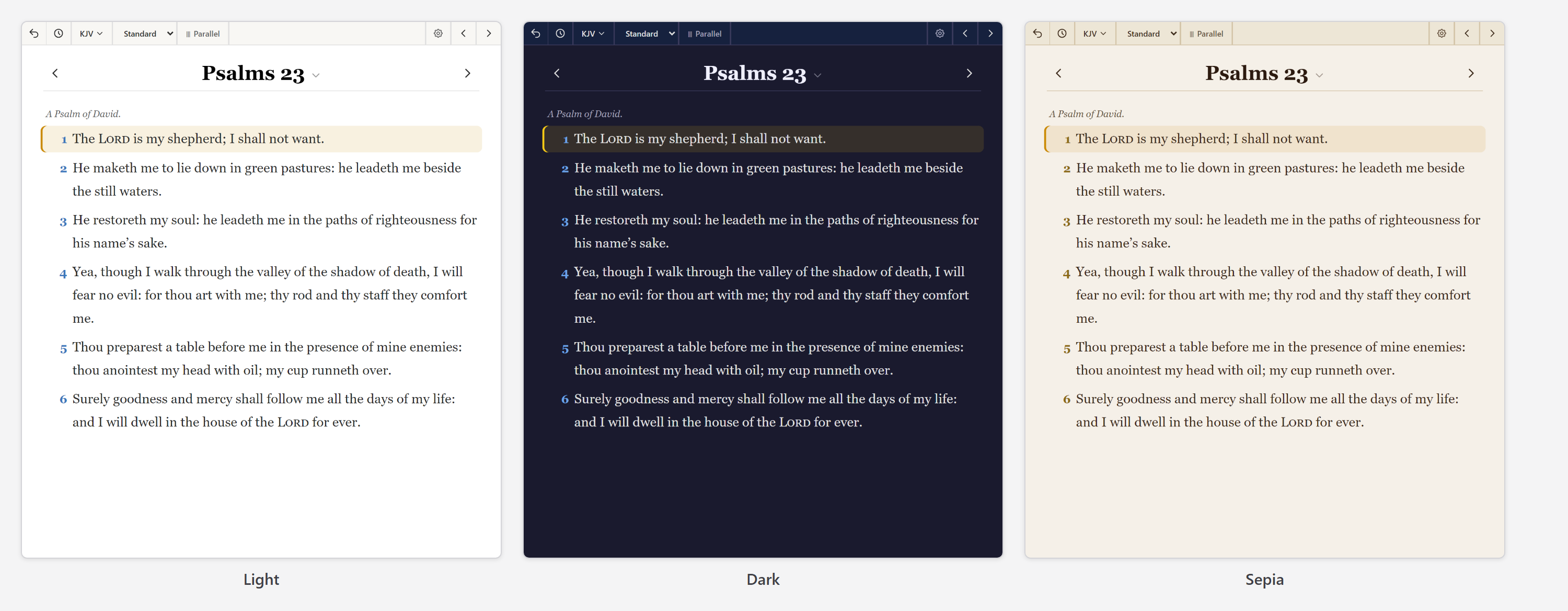 The same passage in the Light, Dark, and Sepia themes