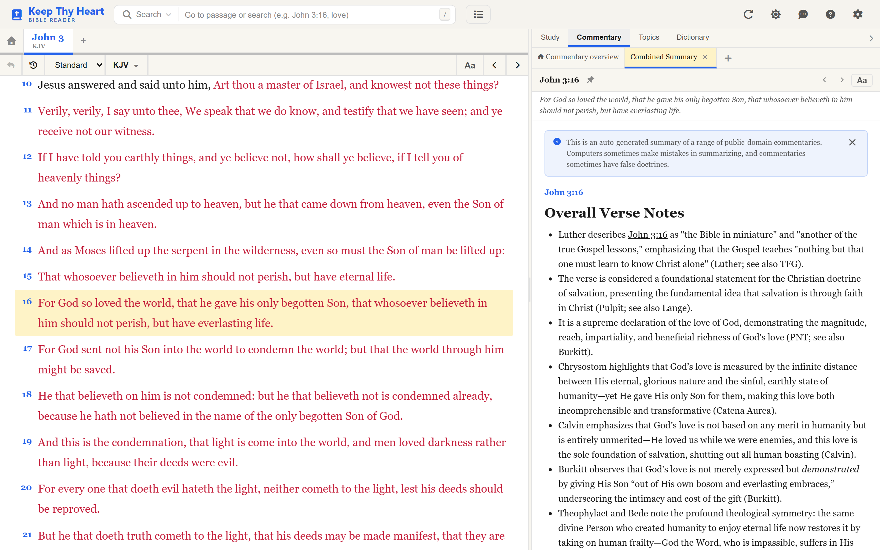 A chapter of John with a verse selected and the commentary panel populated