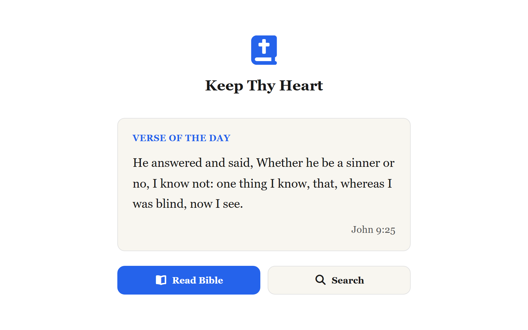 The home screen with the verse of the day and the Read Bible / Search buttons