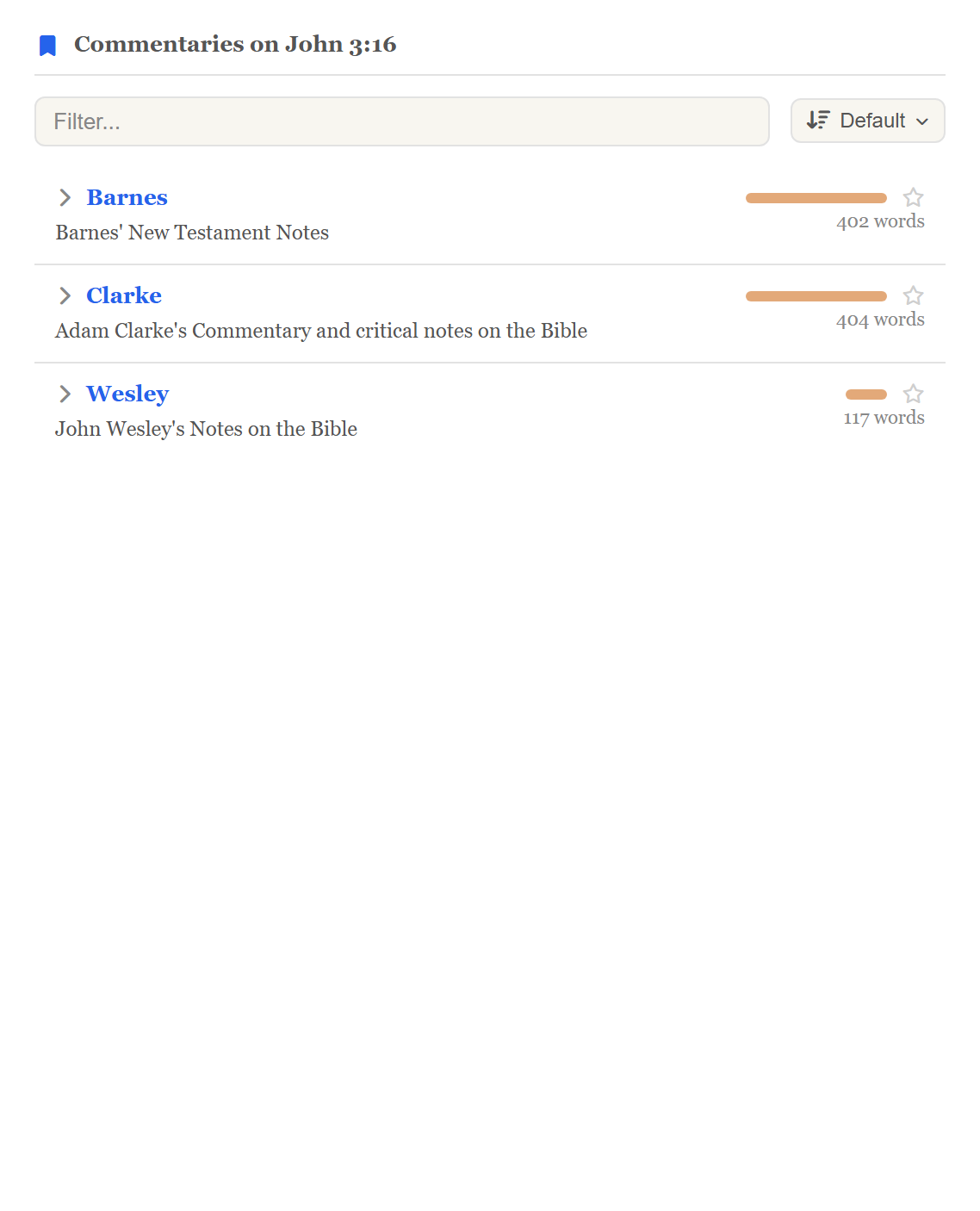 The Commentary overview tab listing several commentaries for one verse