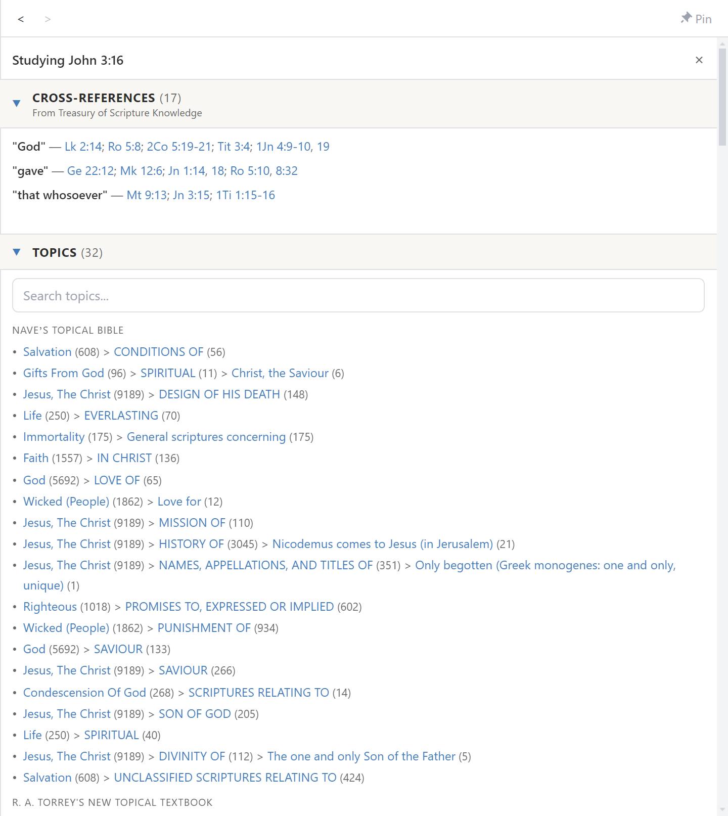 The Cross-References section expanded, listing related passages