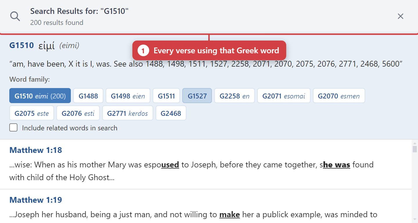 A Strong’s search listing every verse where the word occurs