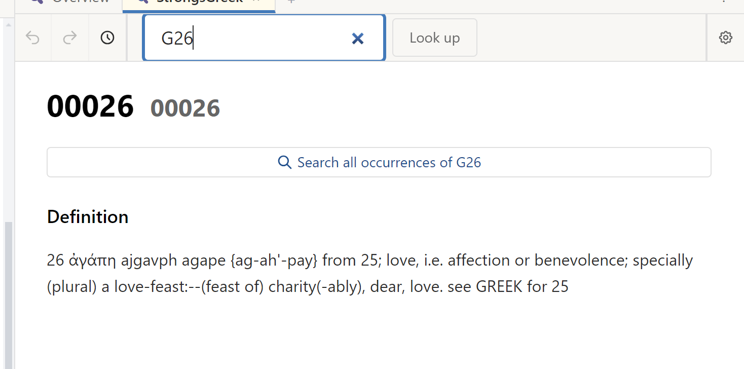 The Dictionary tab showing a Strong’s lexicon entry