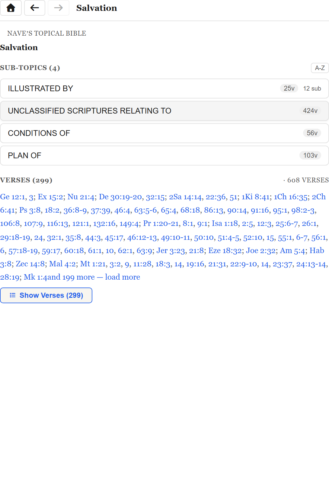 A topic entry with breadcrumb navigation, sub-topics, and its verse list