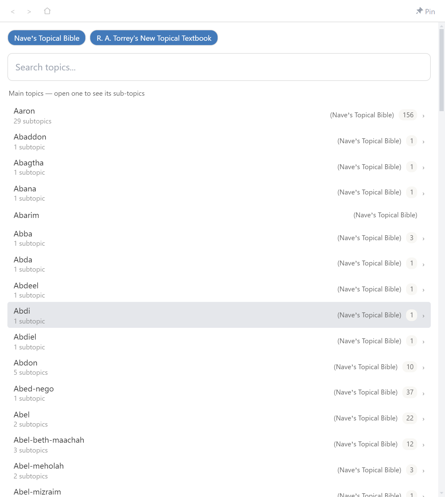 The Topics tab showing a topic with its sub-topics and verses