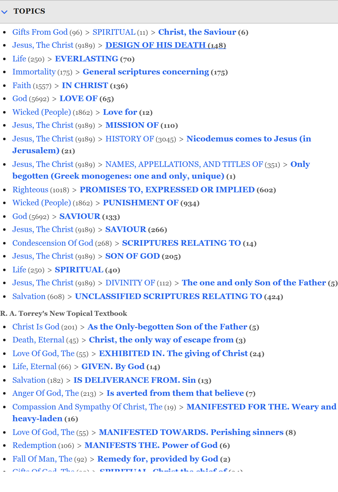The Topics section listing topical entries for a verse