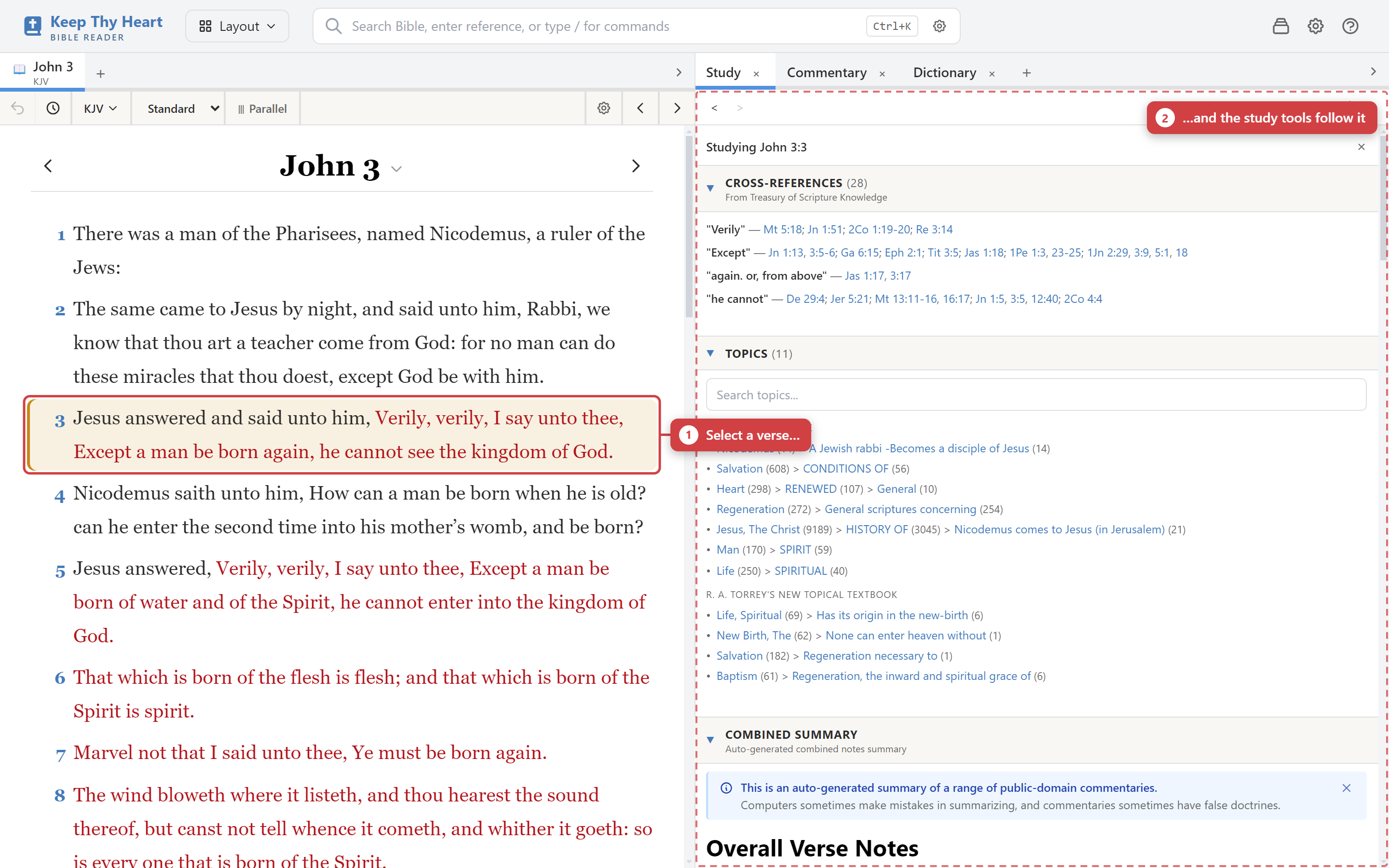 A verse selected in the Bible pane, with the study pane showing content for it
